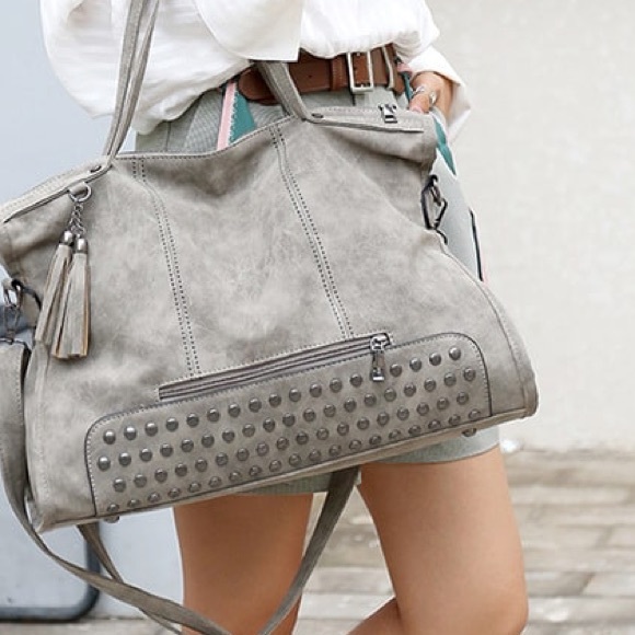 Handbags - Grey Soft Vegan Leather Shoulder Computer Work Everyday Studd Fringe HandBag